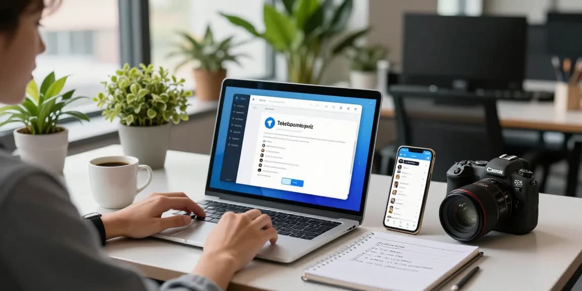 Telegram Chinese Version setup guide on a laptop and smartphone in a modern office.