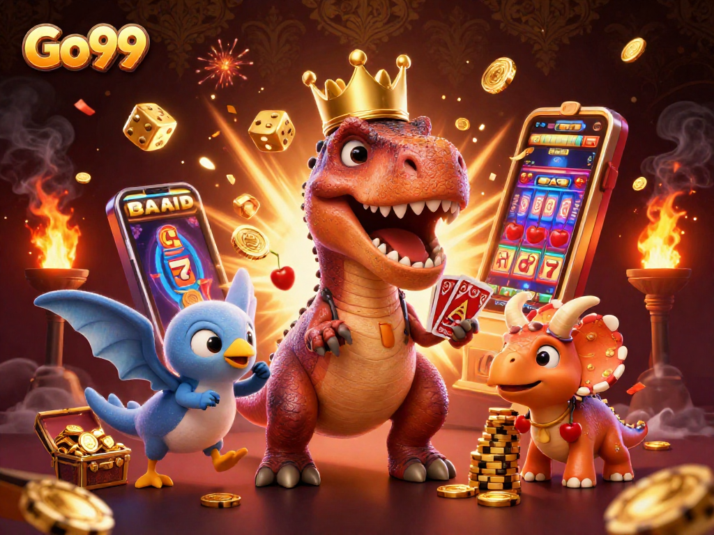 Experience thrilling gameplay with Go99 as a T-Rex shuffles cards in a vibrant casino setting.
