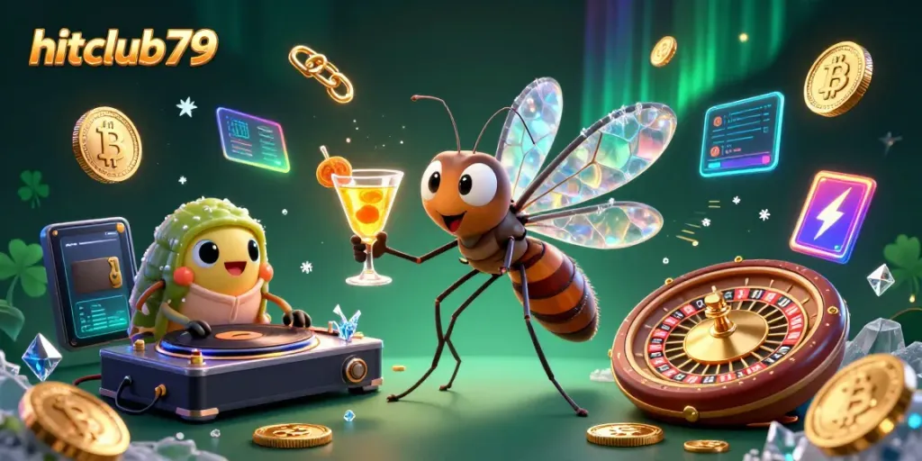 Experience the thrill of hitclub79 with a lively casino mascot and vibrant crypto elements in a dynamic 3D scene.