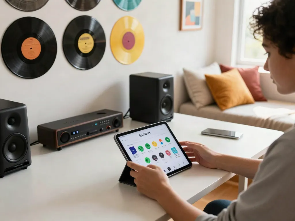 SpotiGeek Spotify Plus app being used on a tablet in a stylish home office.