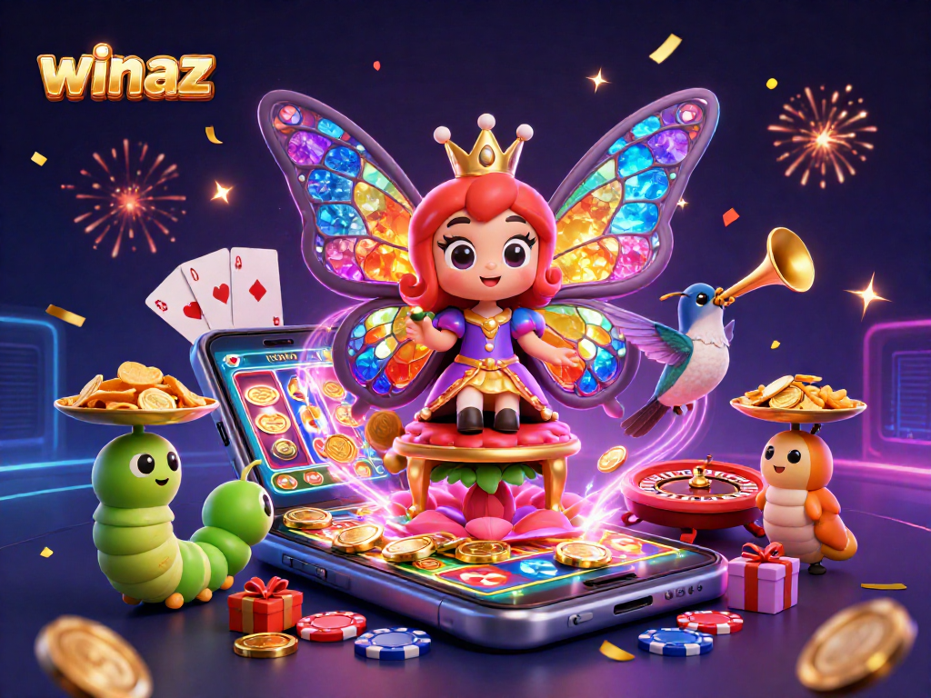 Winaz showcases vibrant slots action with a butterfly queen and lively casino elements.