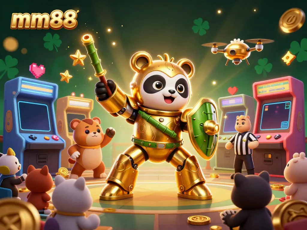 Engaging scene of mm88 gaming with a golden panda in a mech-suit, showcasing vibrant colors and casino elements.
