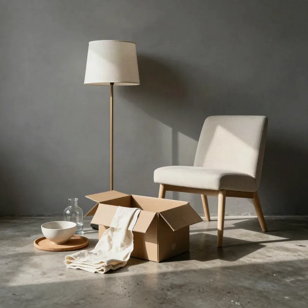 Drie woonkoopjes op beton: stoel, lamp en accessoires naast een open doos in ochtendlicht.