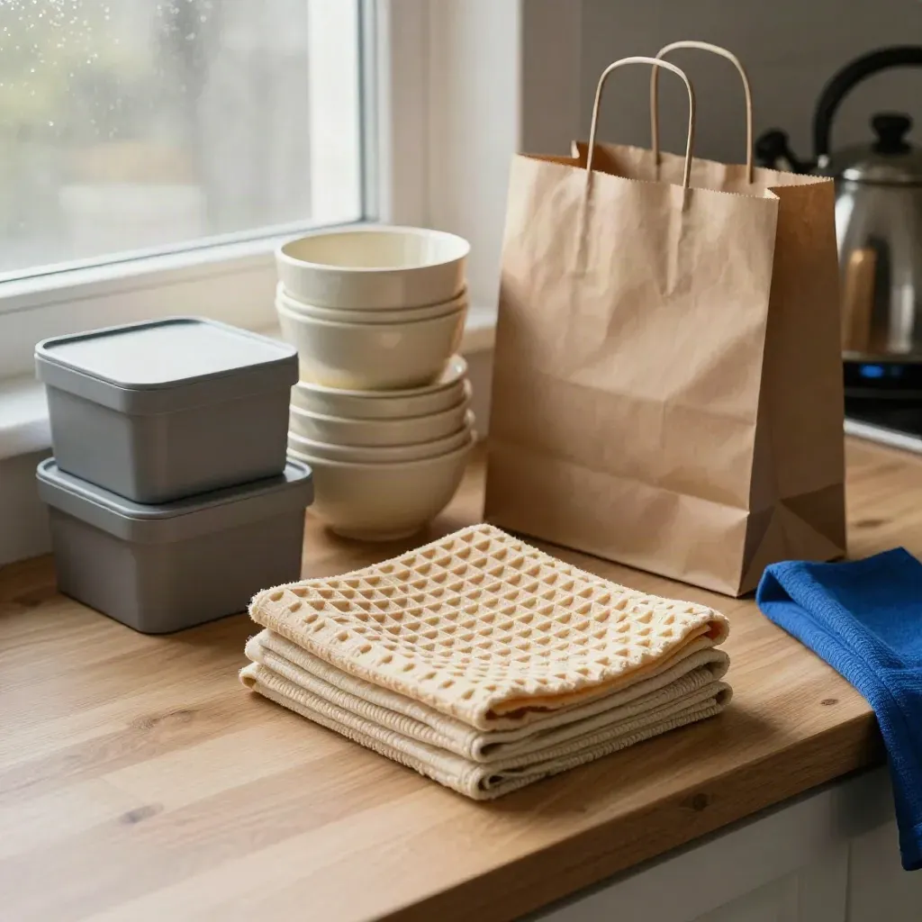 Huishoudelijke aankopen op een keukenblad in zacht ochtendlicht met een papieren tas en opbergdozen.