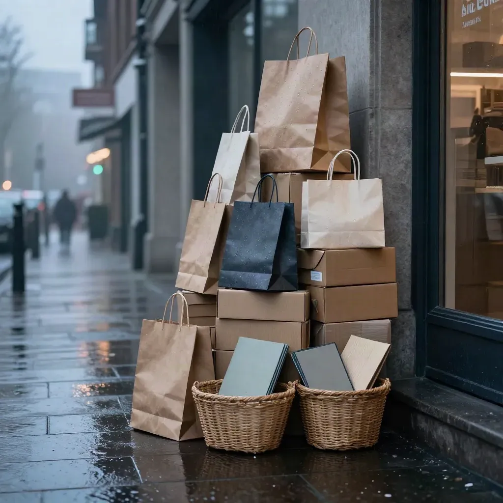 Stapel shoppingtassen, dozen en kortingsmappen in mistig ochtendlicht op natte stoep.
