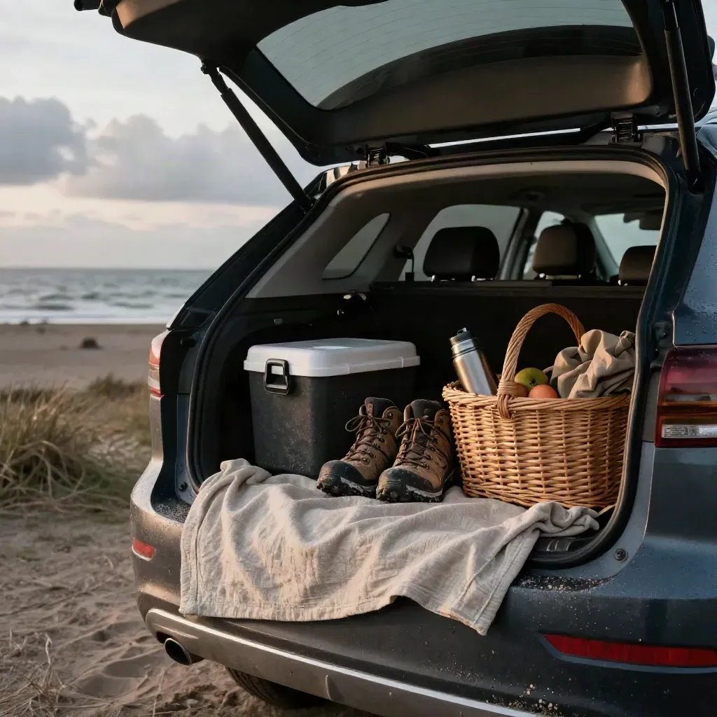 Open autokoffer met picknickkleed, koelbox, wandelschoenen en mand aan de kust bij avondlicht