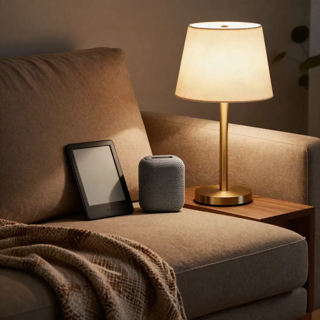 Sfeervolle woonhoek met e-reader, speaker, lamp en plaid in warm avondlicht.