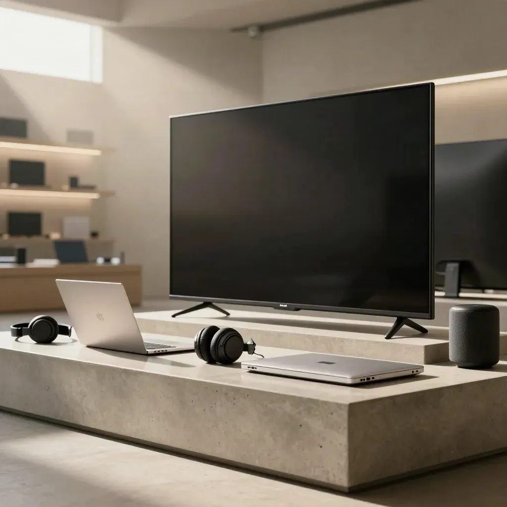 Tv, koptelefoon, speaker en gesloten laptop als premium deal-display in de winkel.