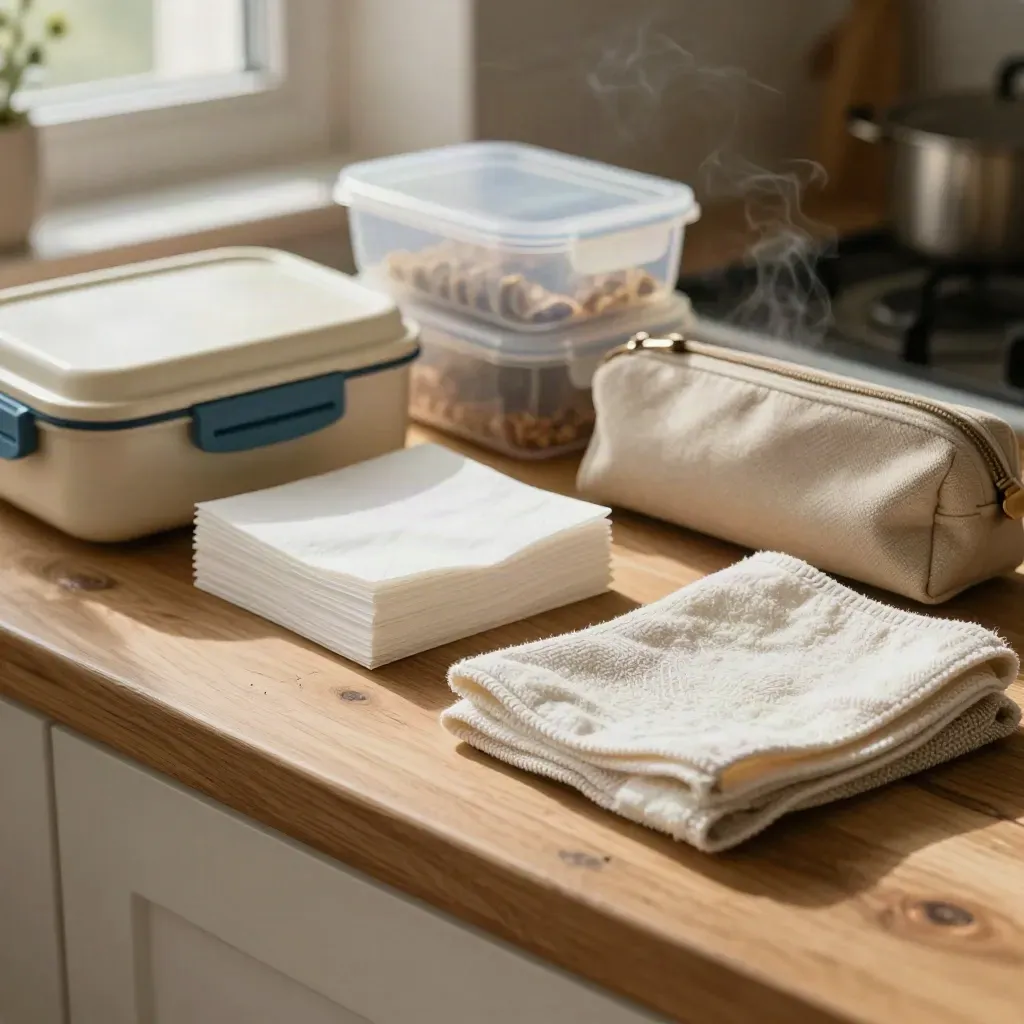 Van boven: broodtrommel, voorraadbakjes, servetten en theedoeken op een houten aanrecht in ochtendlicht.