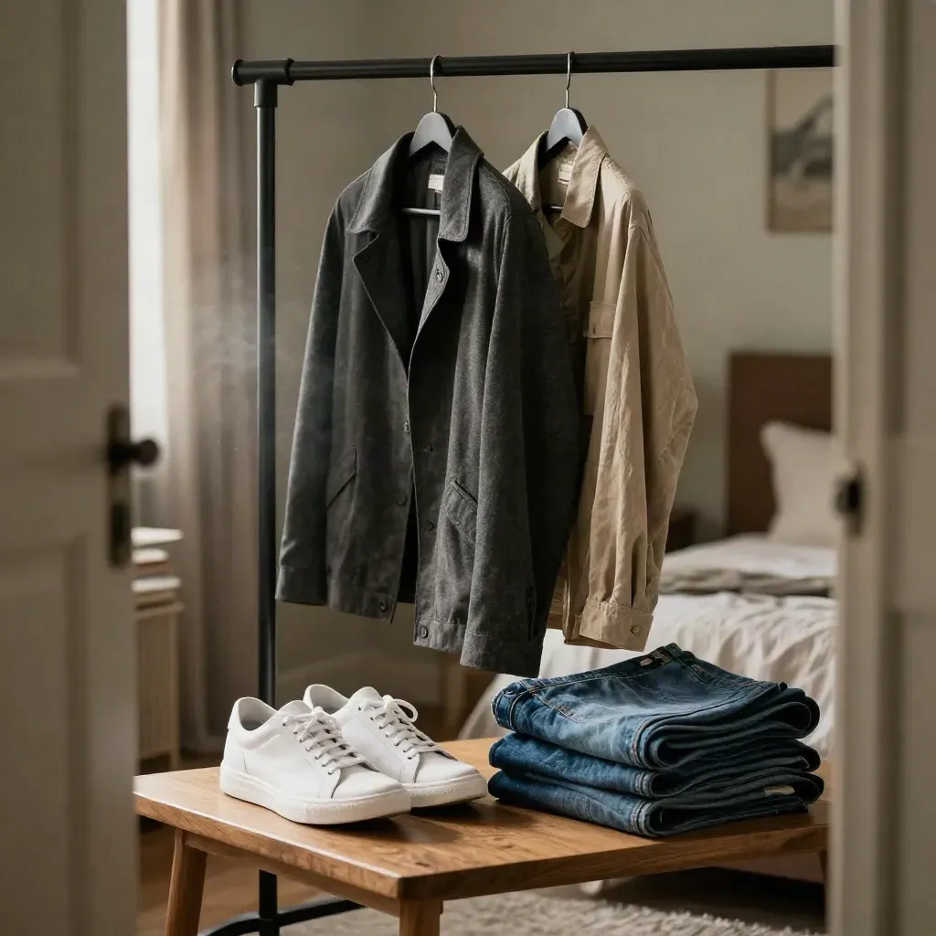 Jas, sneakers en opgevouwen jeans op bankje bij kledingrail in slaapkamer