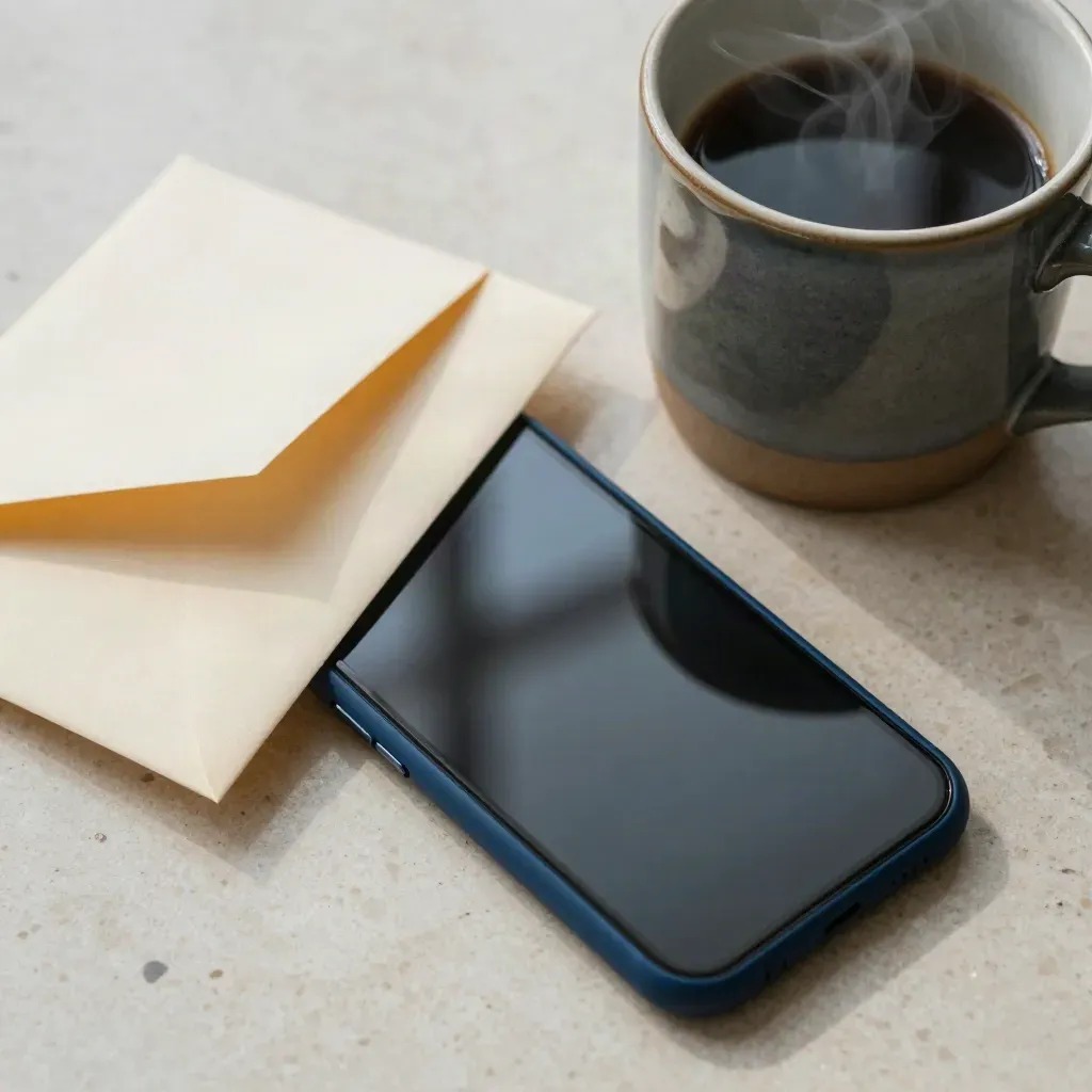 Bovenaanzicht van smartphone, koffiemok en envelop in koel ochtendlicht.