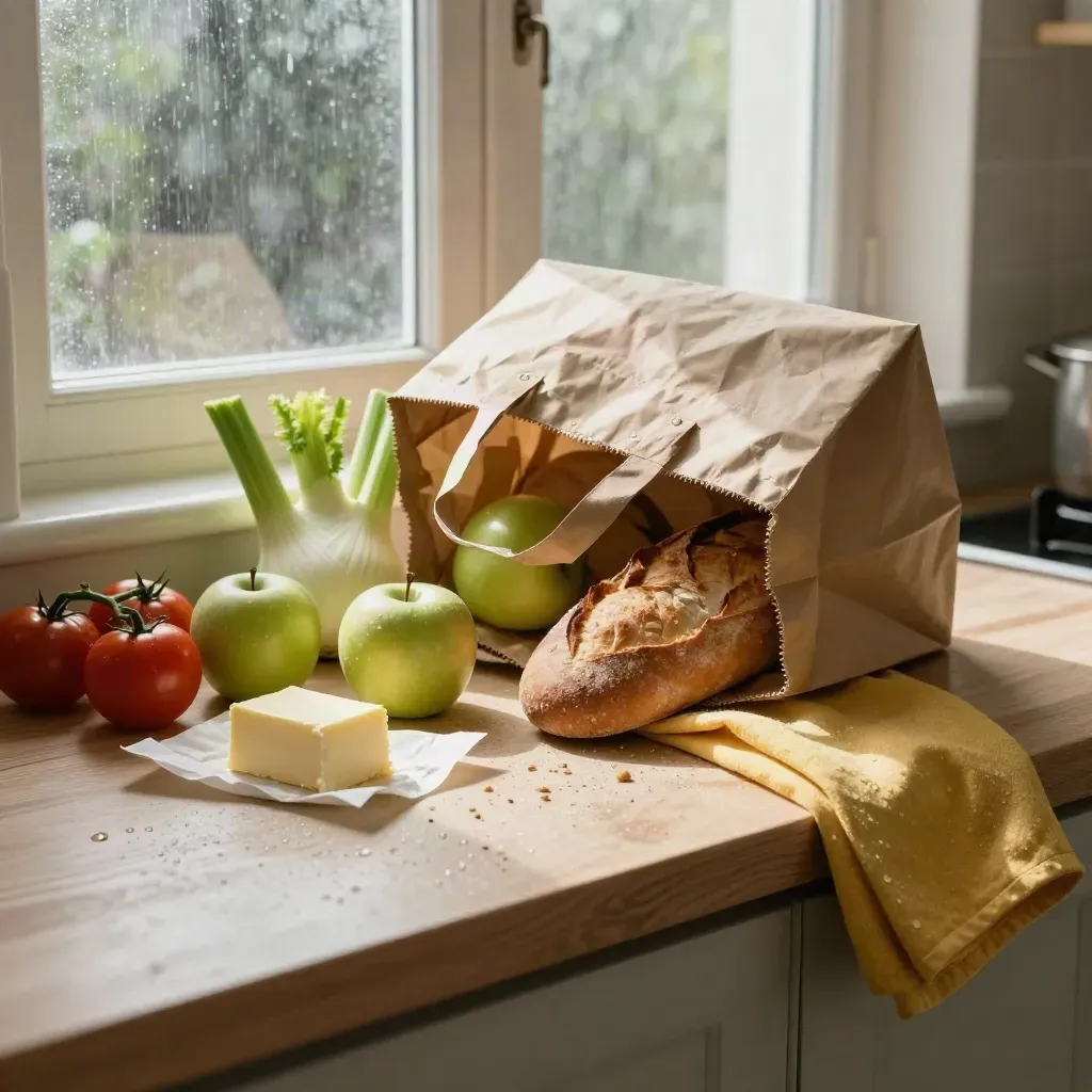 Nederlandse keuken met boodschappentassen, groenten, brood en boter in regenachtig middaglicht.