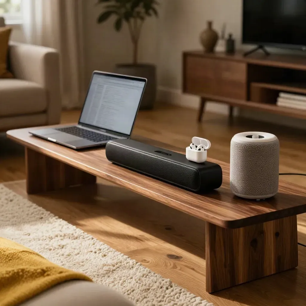 Lage woonkamerfoto met gesloten laptop, soundbar, oortjes en slimme speaker.