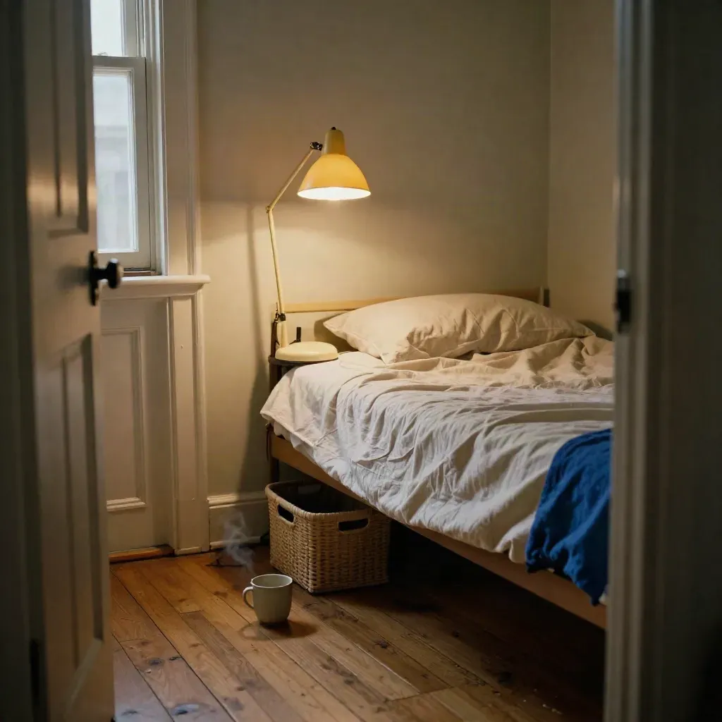 Studentenkamerhoek met bureaulamp, bed, mand en mok in warm avondlicht.