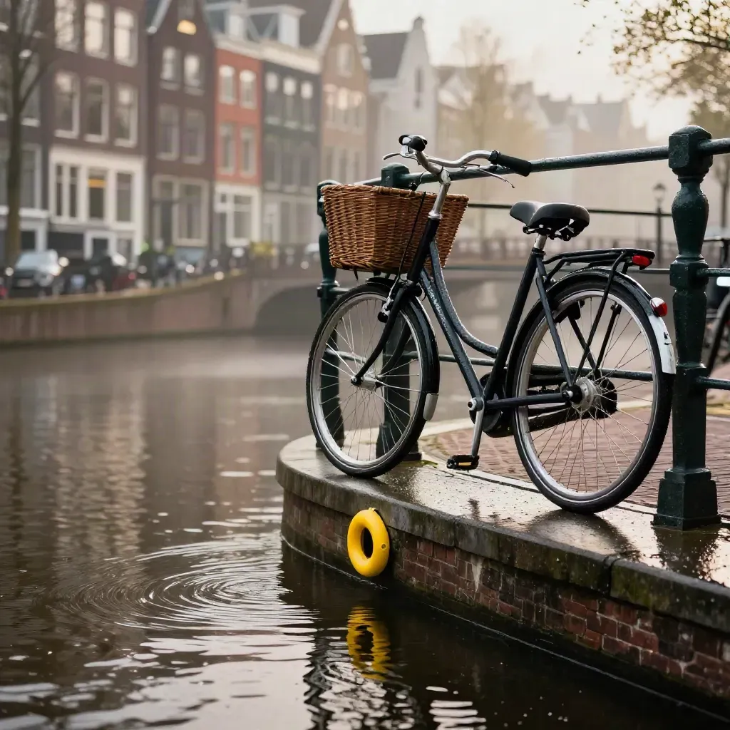 Natte Amsterdamse grachtbocht met fiets, brugleuning en mistige ochtendreflecties