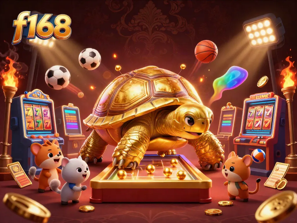 Play the exciting f168 slot games with a golden tortoise pinball machine and vibrant elements surrounding it.