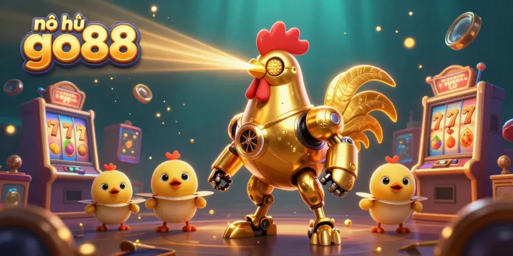 Experience thrilling gameplay with nổ hũ go88 as the golden rooster robot and drones illuminate a vibrant casino scene.