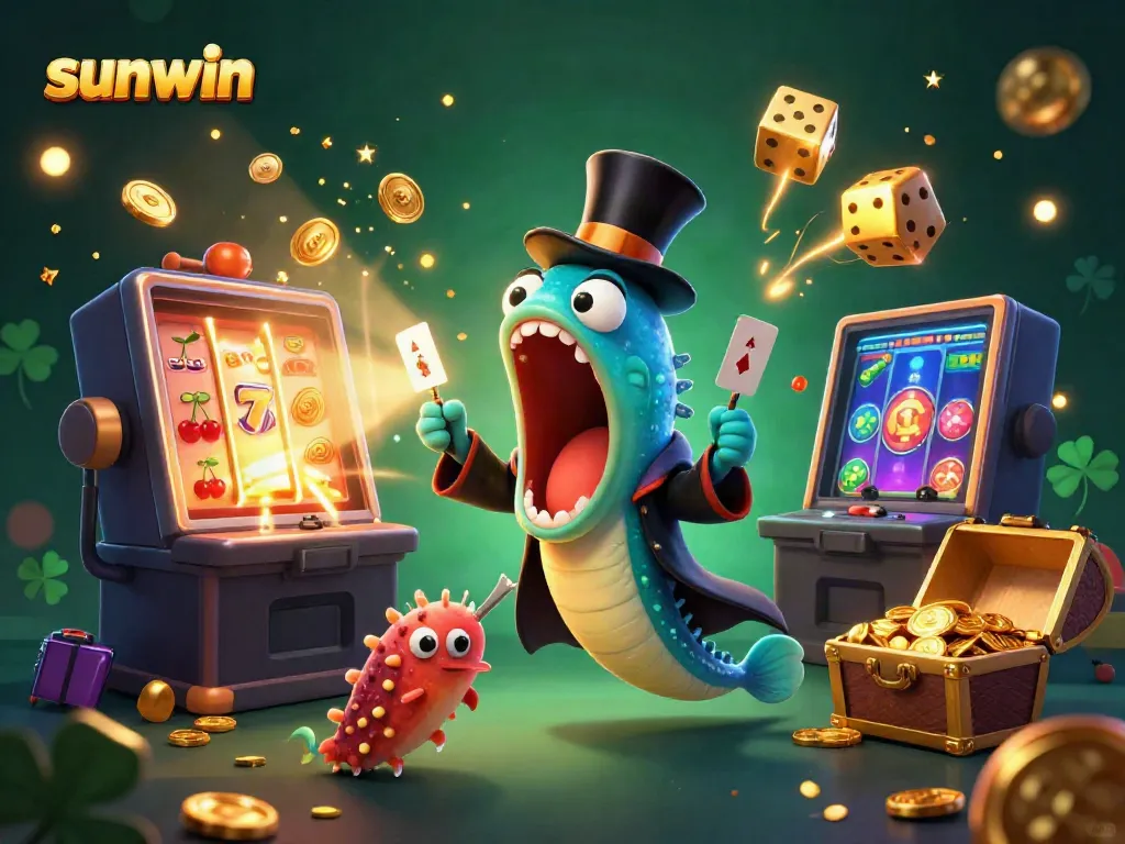 Experience thrilling gaming with sunwin's animated characters in vibrant 3D casino illustration.