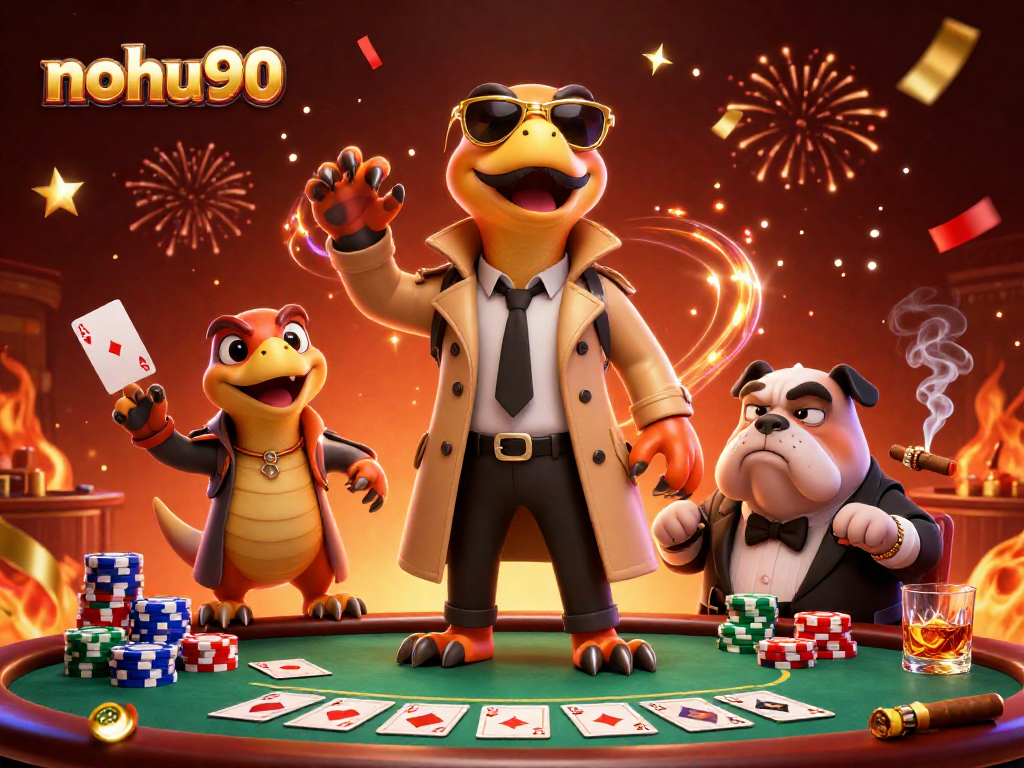 Experience the thrill of nohu90 with raptors in a trench coat at a vibrant casino.
