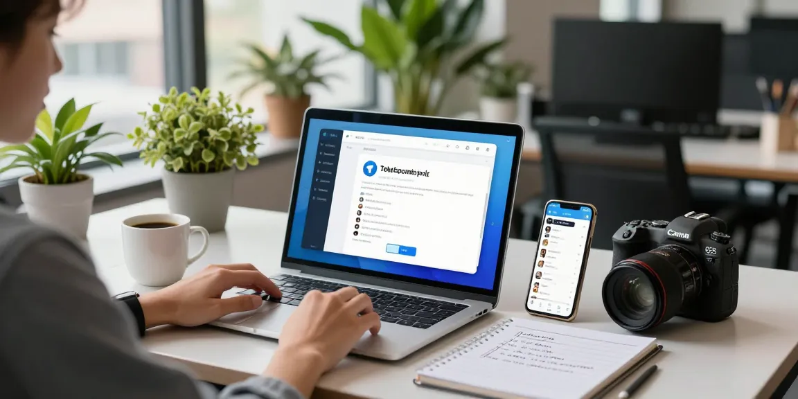Telegram Chinese Version setup guide on a laptop and smartphone in a modern office.
