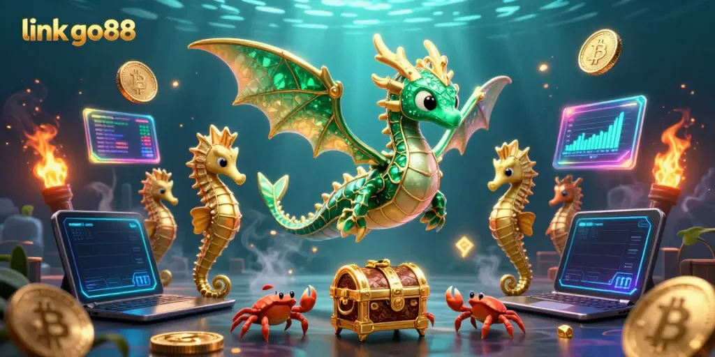 Engage with link go88 while discovering stunning treasures unveiled by emerald dragons in a vibrant casino underwater scene.