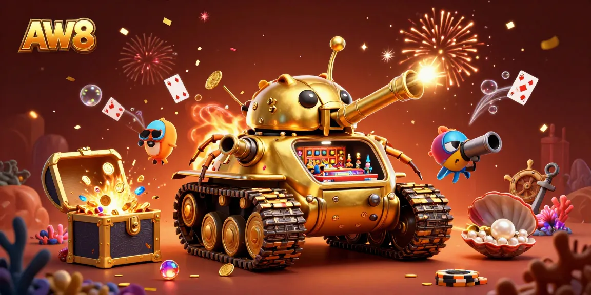 AW8's vibrant golden beetle tank reveals an immersive casino scene with confetti and treasures.