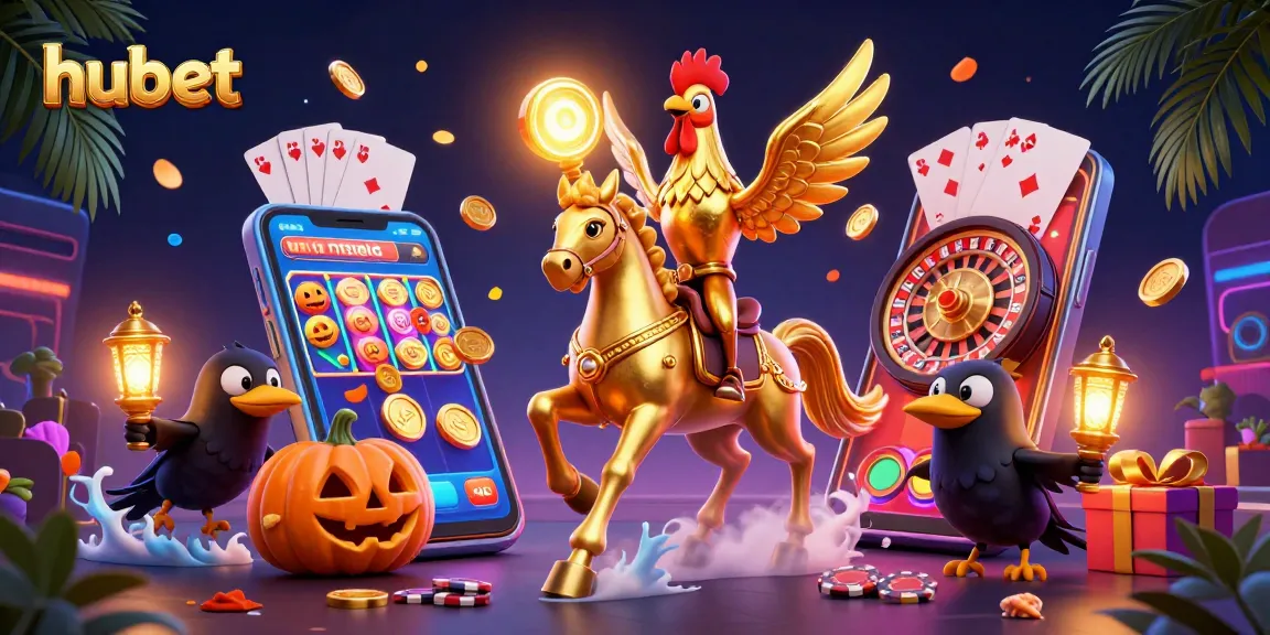 Experience hubet with a golden rooster character amid casino games and excitement.