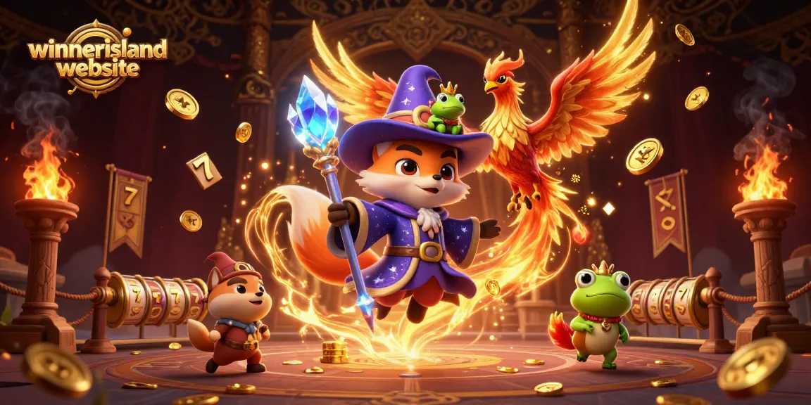 Action-packed scene at winnerisland website showcases a mystical wizard fox and phoenix amidst slot reels and gold.