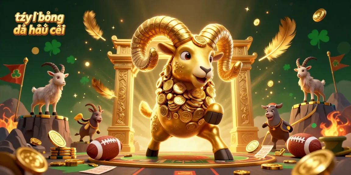 Experience the thrill of tỷ lệ bóng đá nhà cái with a charged golden ram, sports elements, and a dynamic betting atmosphere.