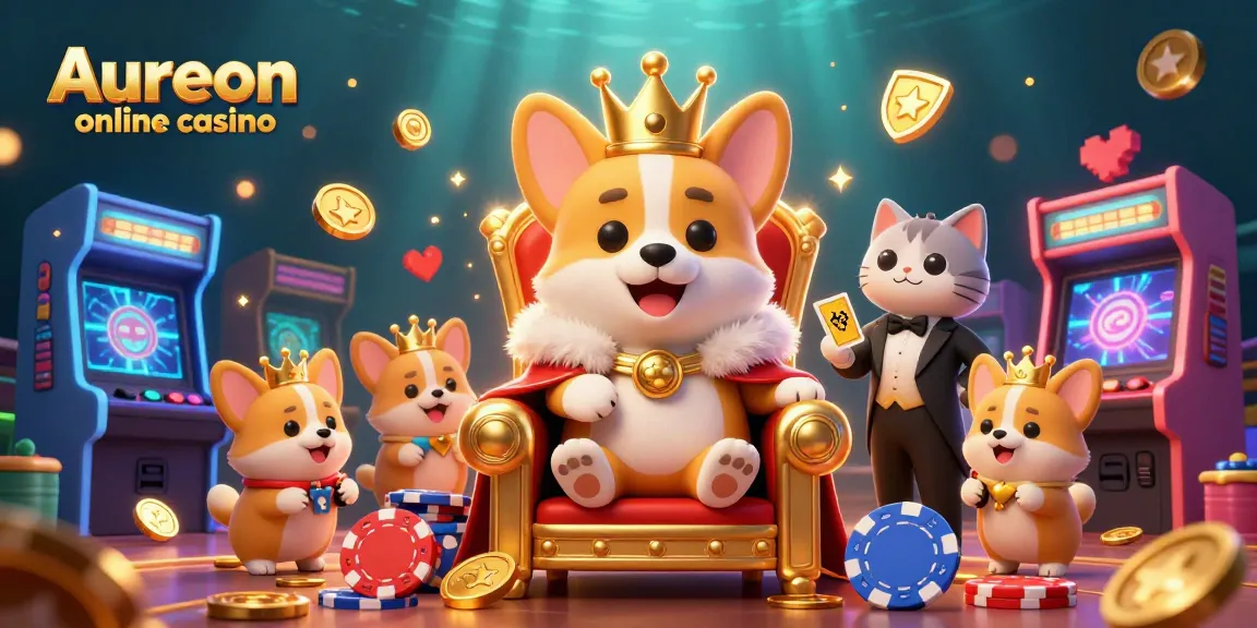 Experience the excitement of Aureon online casino with vibrant 3D royal corgis and game elements.