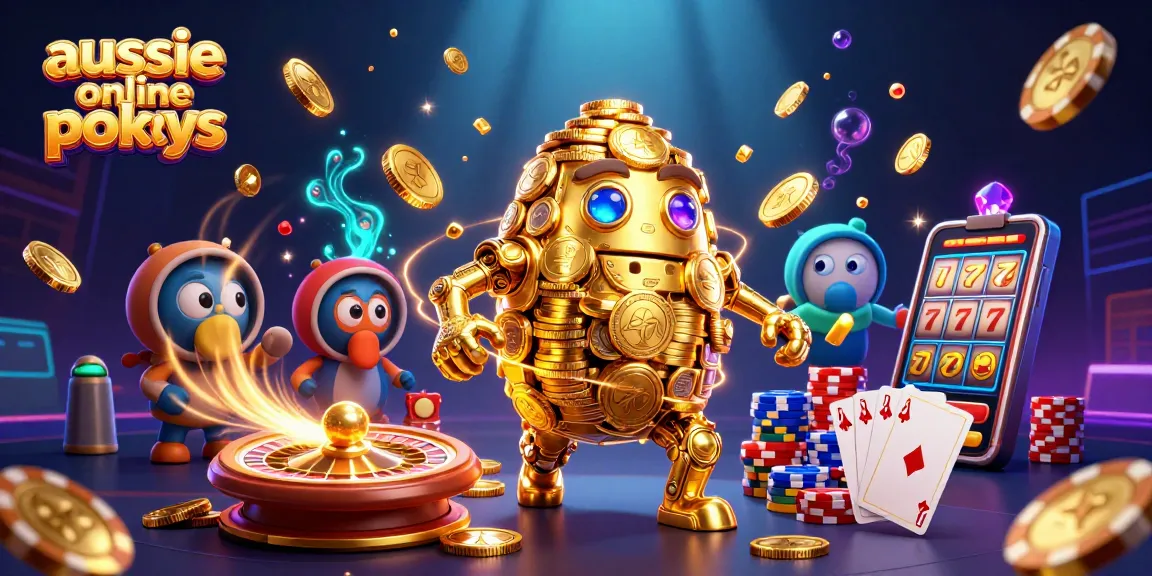 Aussie online pokies illustration featuring a golden golem and casino elements in a vibrant scene